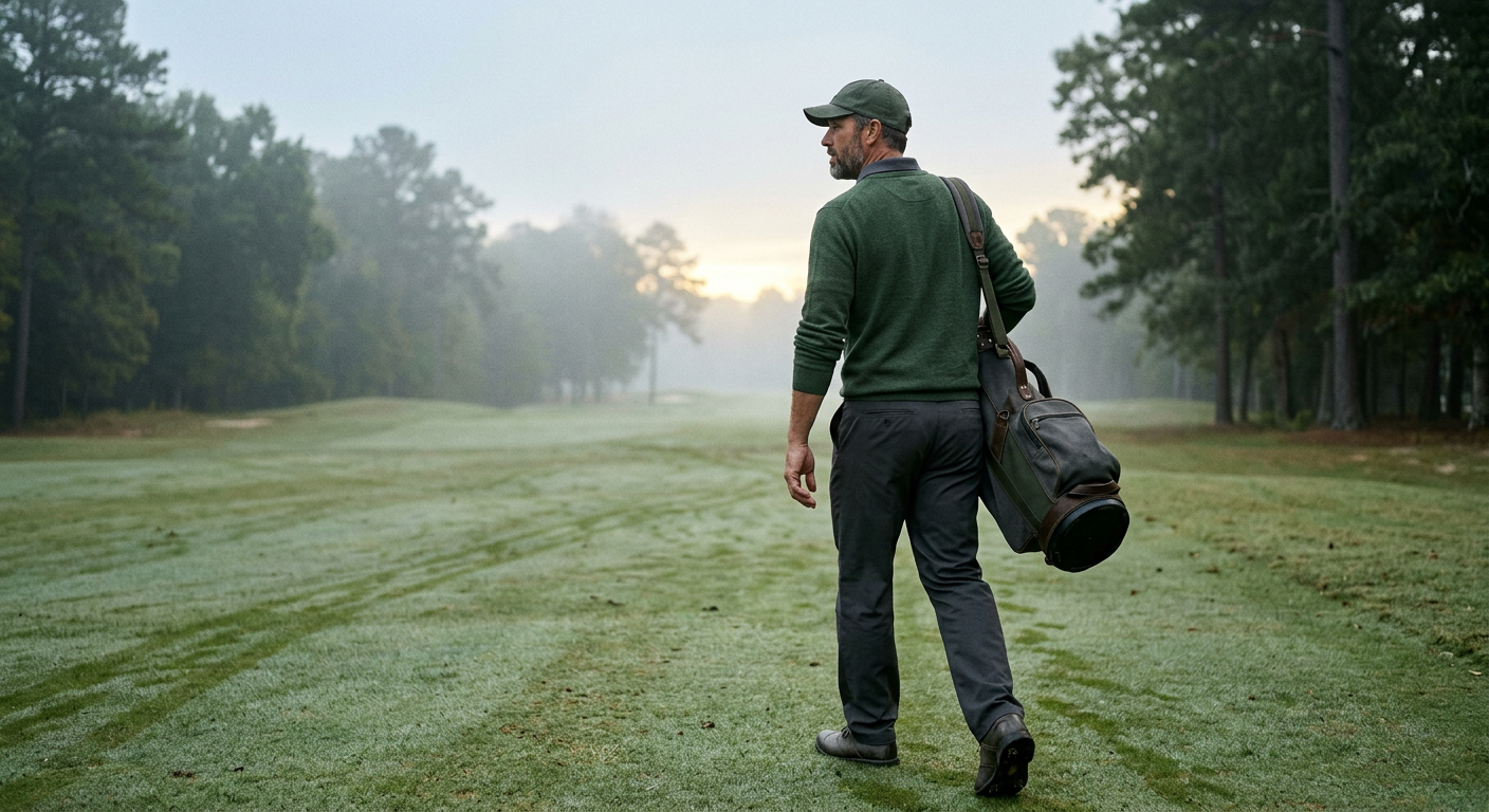 Man walking alone down a golf fairway at dawn