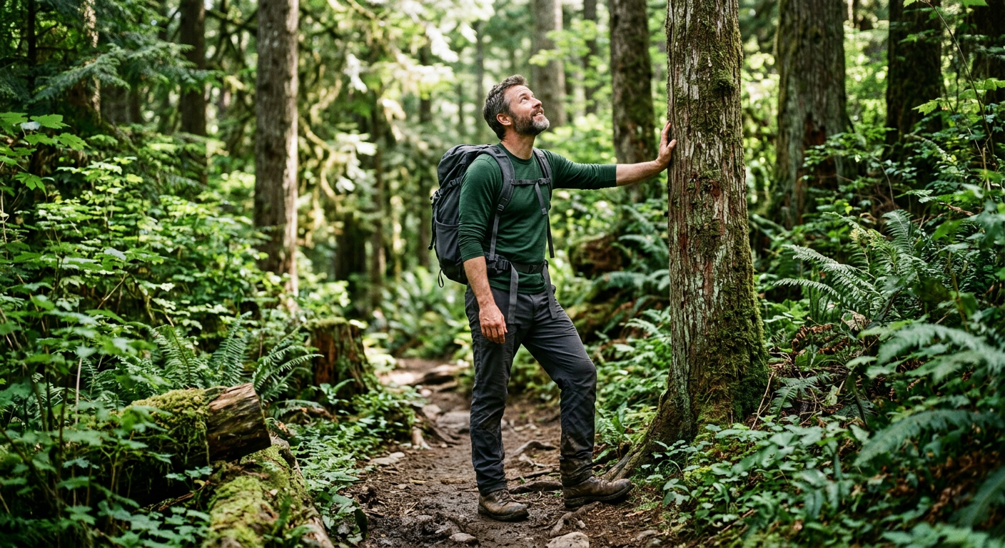 Man pausing on a forest trail, looking up through the canopy